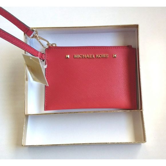 New! MICHAEL KORS Karla Red Leather Small Wristlet With Gift Box - Picture 8 of 8